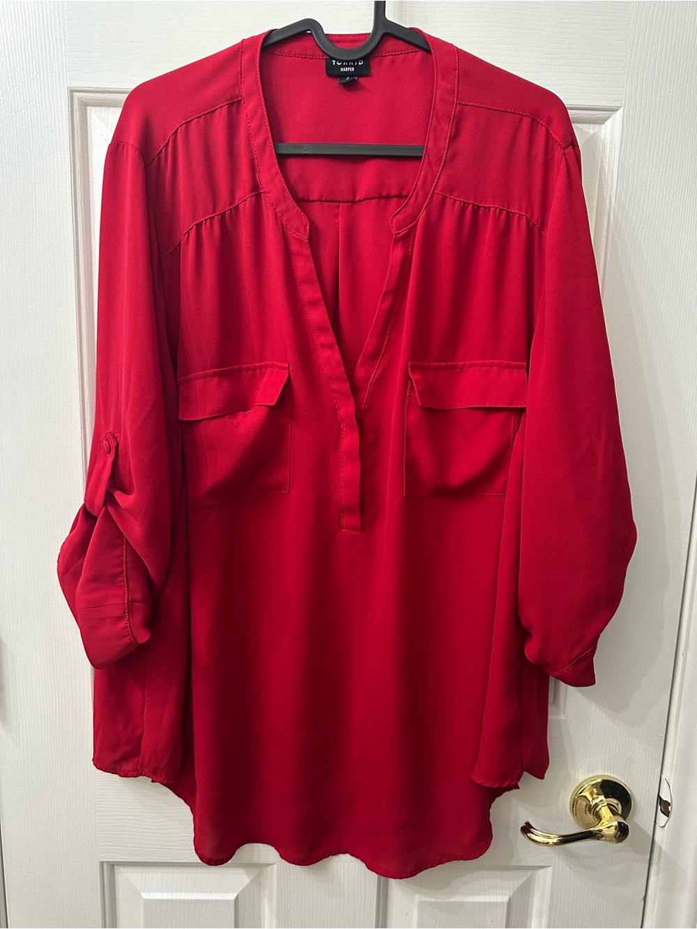 Torrid Top Harper Blouse V-Neck Red 3/4 Sleeve Buttons Business Casual Shirt 2X
